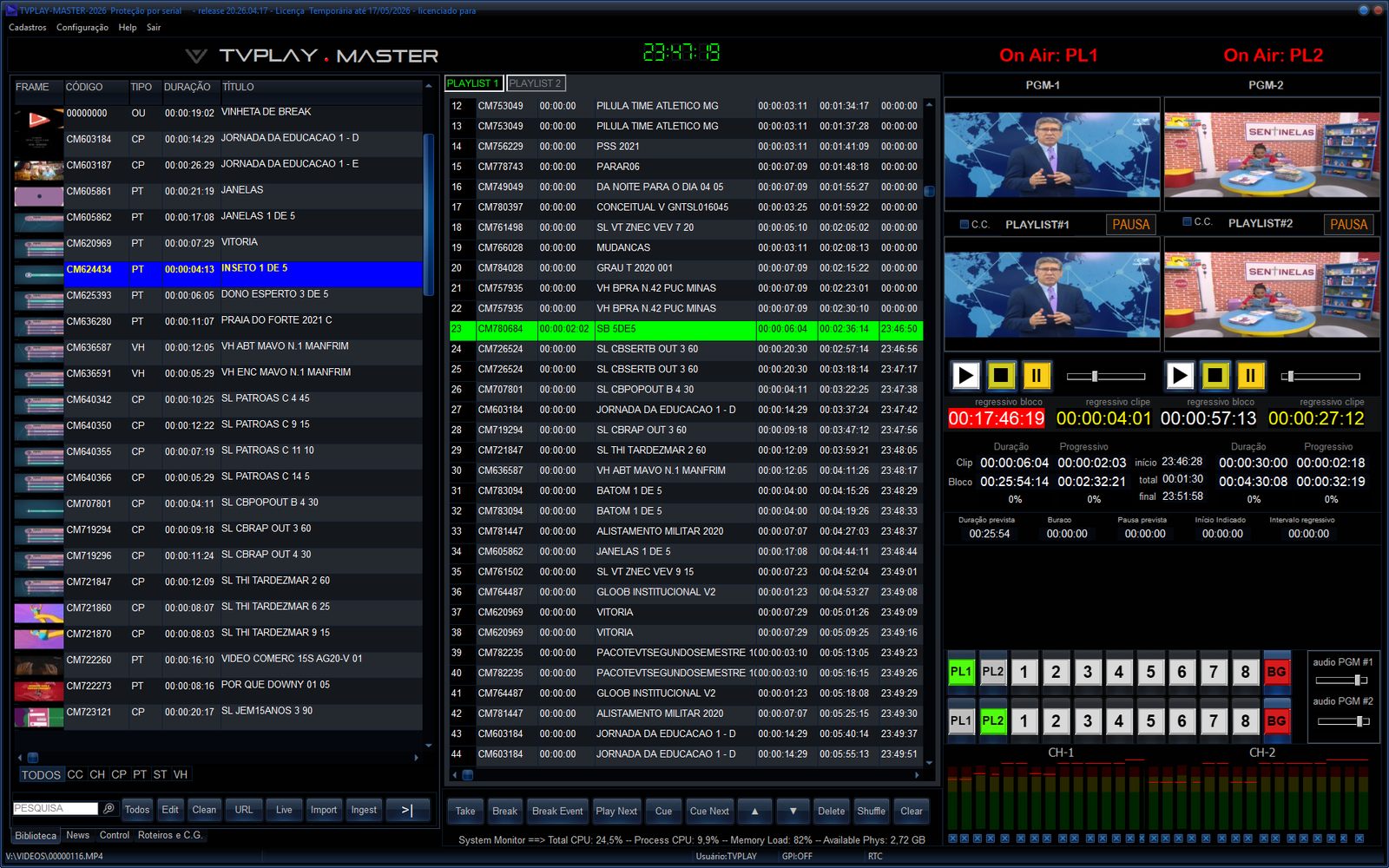 Captura de tela da interface do TVPLAY MASTER em operação
