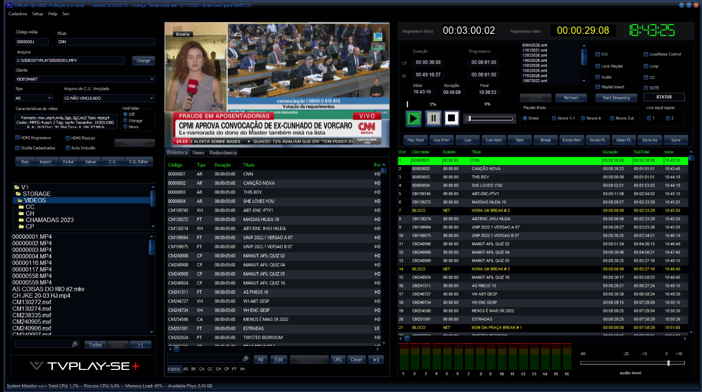 Captura de tela da interface do TVPLAY SE+ em operação