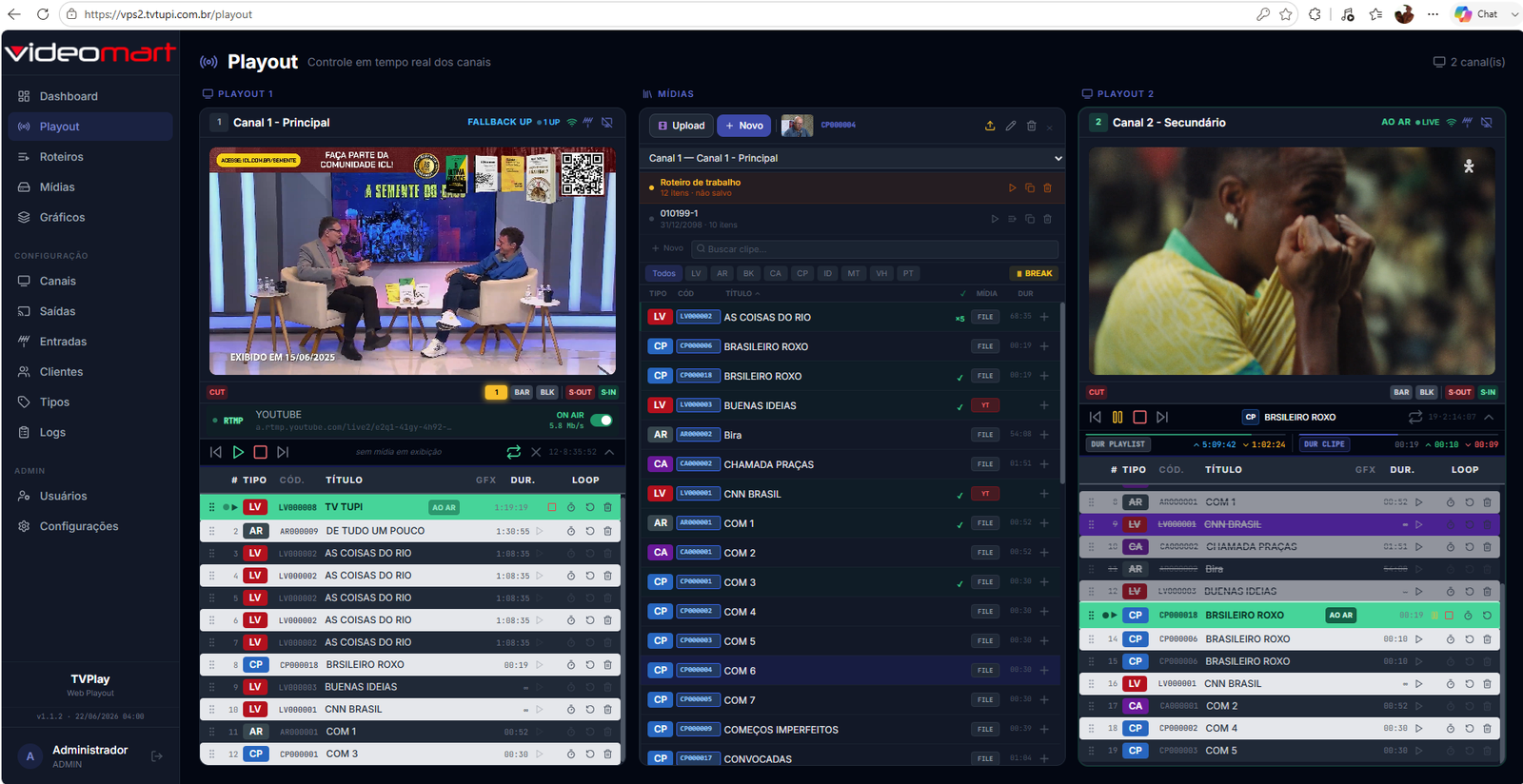 Captura de tela da interface do TVPLAY WEB em operação